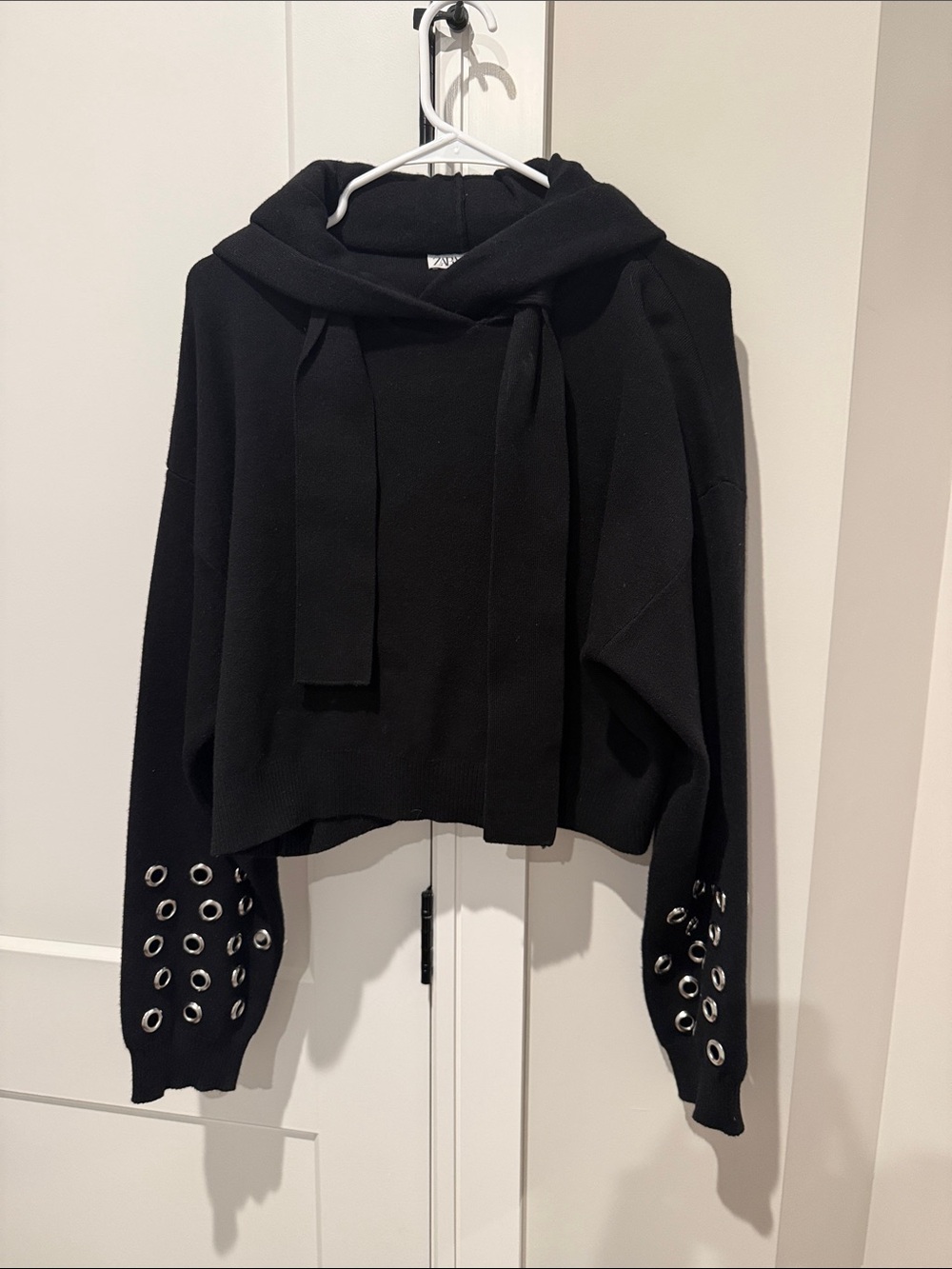 Zara Black Hoodie Sweater with Eyelet Sleeve Detail